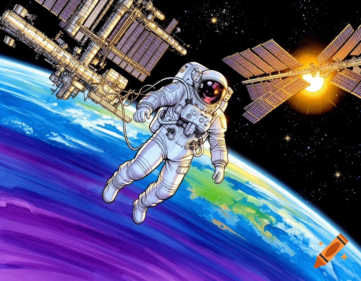 A comic drawing of an astronaut performing a spacewalk, tethered to a space station, with Earth below.