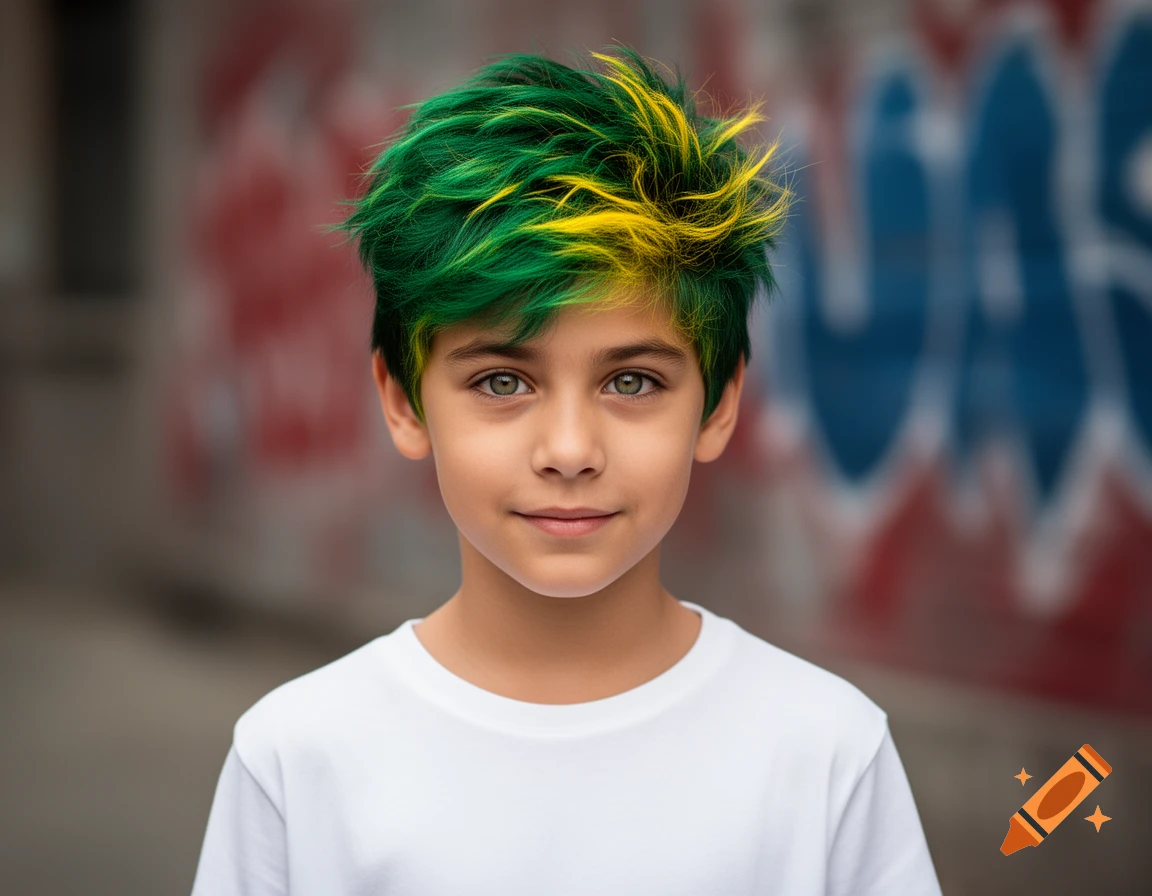 Close-up portrait of a young boy with vibrant green hair and yellow highlights, smiling slightly against a blurred graffiti background.