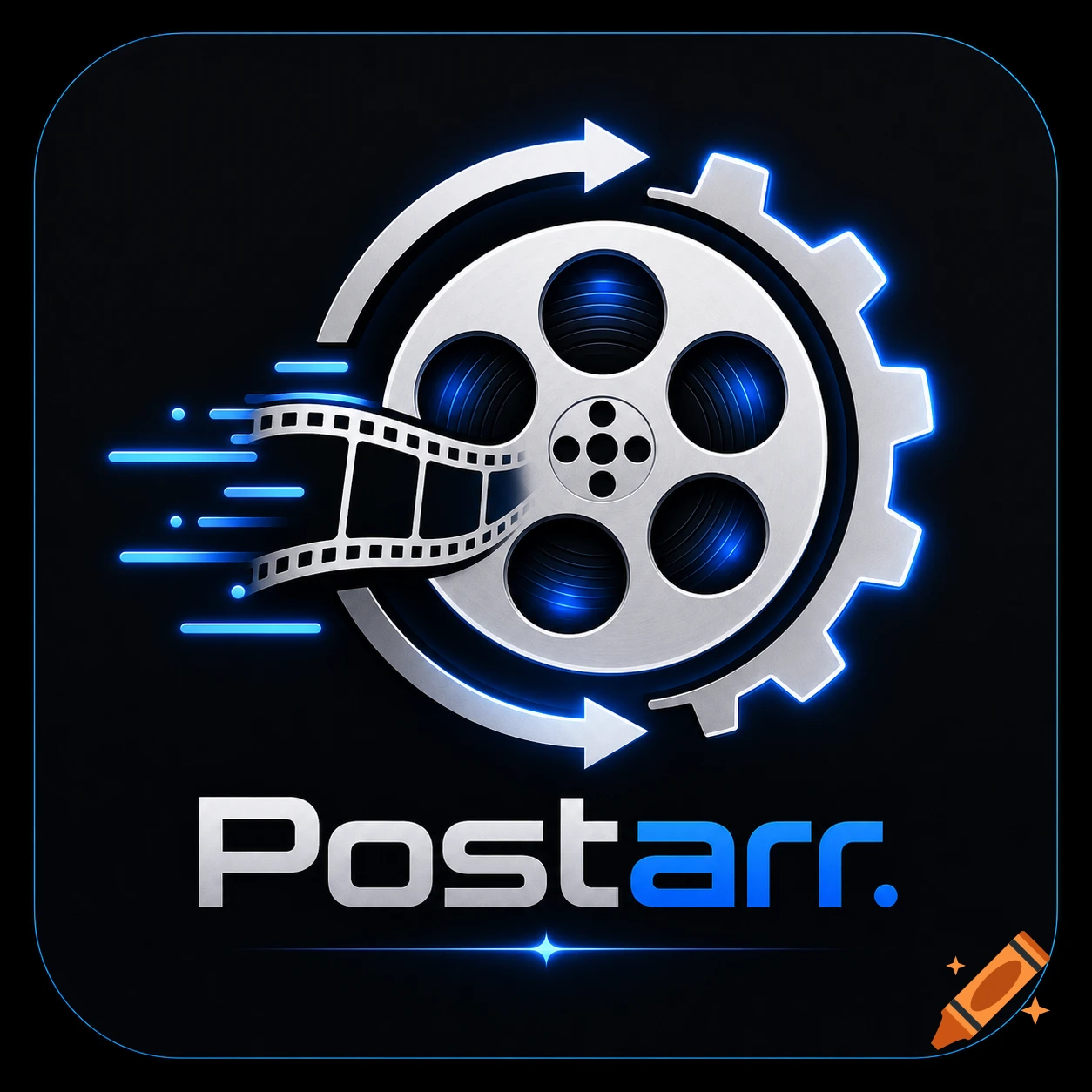 Postarr app icon featuring a chrome film reel and gear with electric blue glow on a dark background.