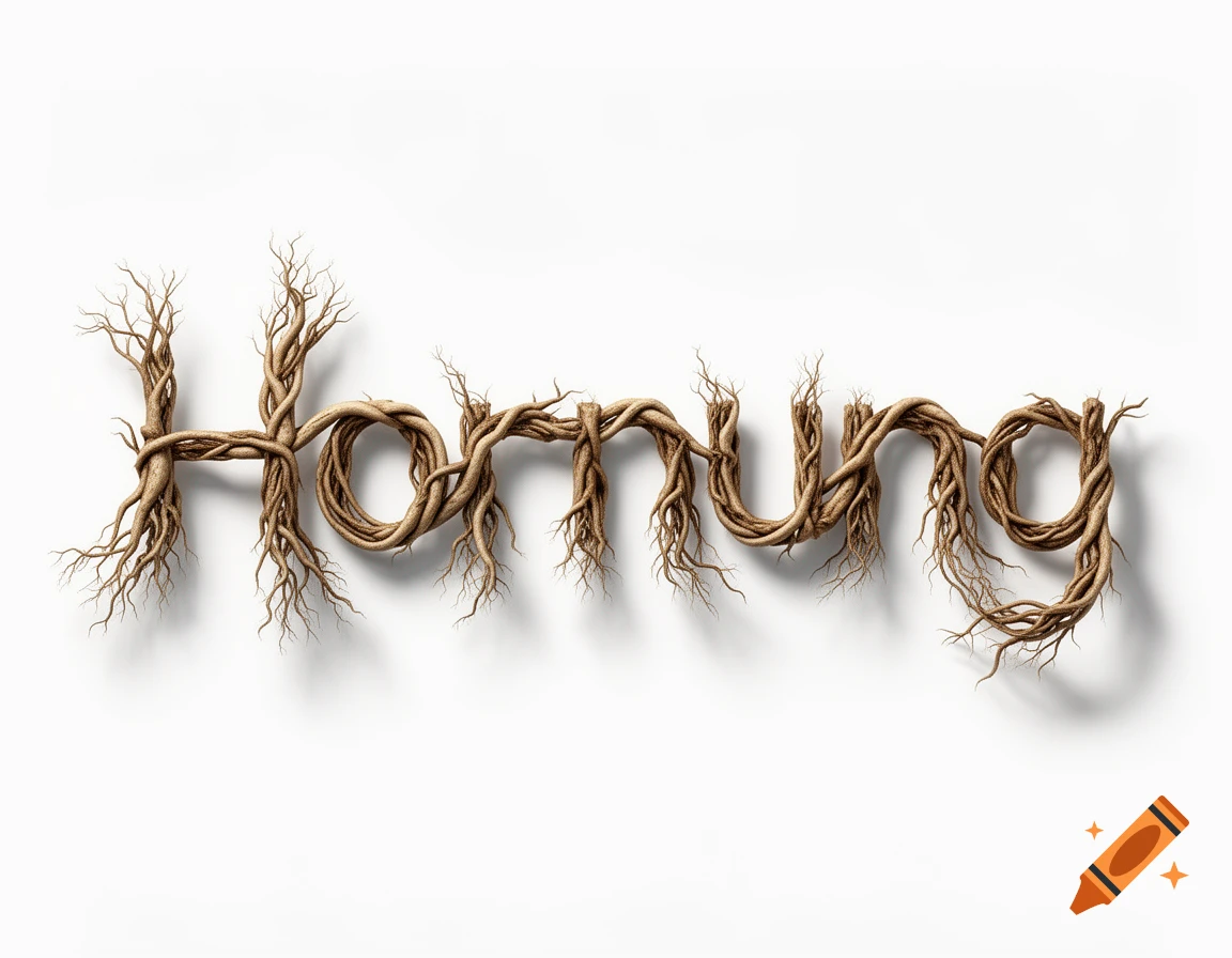 The word "Hornung" spelled out by brown, gnarled tree roots and branches against a white background.