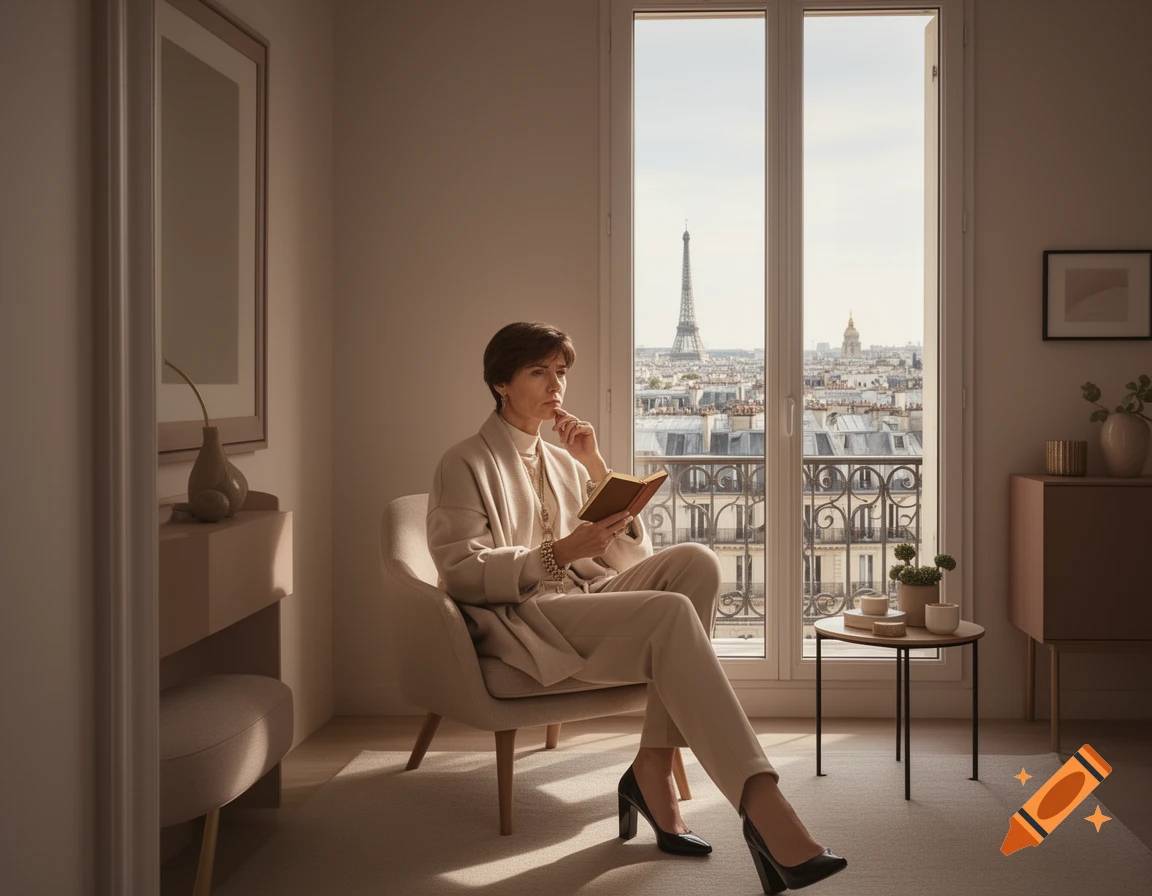 A stylish woman in a cream outfit sits reading a book by a large window with a view of the Eiffel Tower and Paris.
