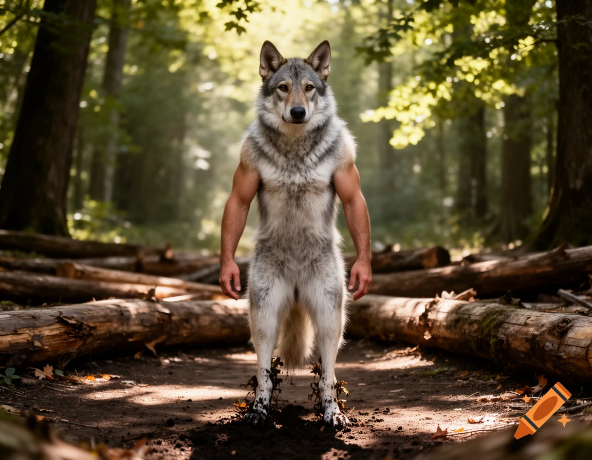 A muscular anthropomorphic wolf stands upright in a sun-dappled forest, surrounded by fallen logs, with muddy feet.