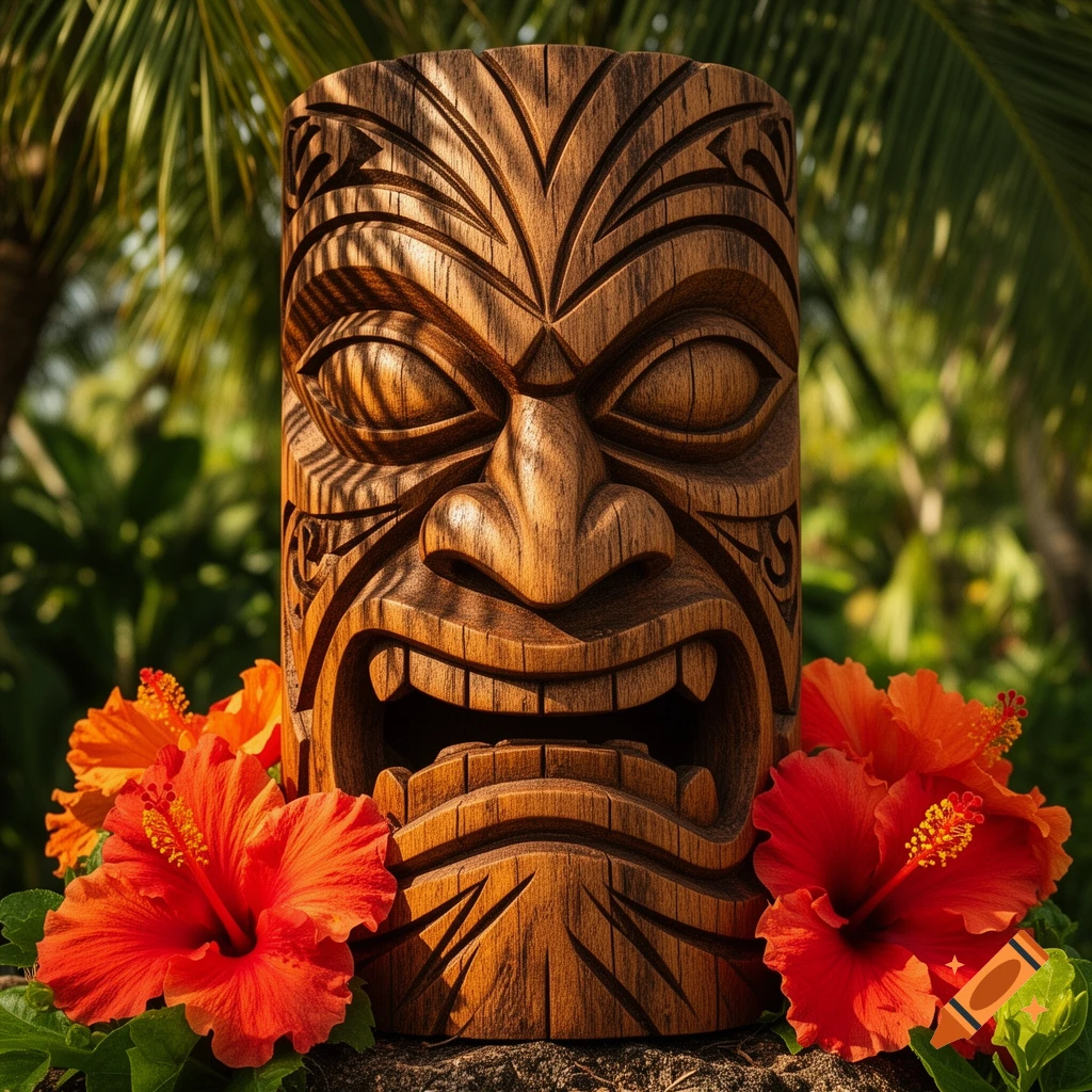 A detailed wooden Hawaiian tiki mask with red and orange hibiscus flowers surrounding its base, set against a blurry tropical foliage background.