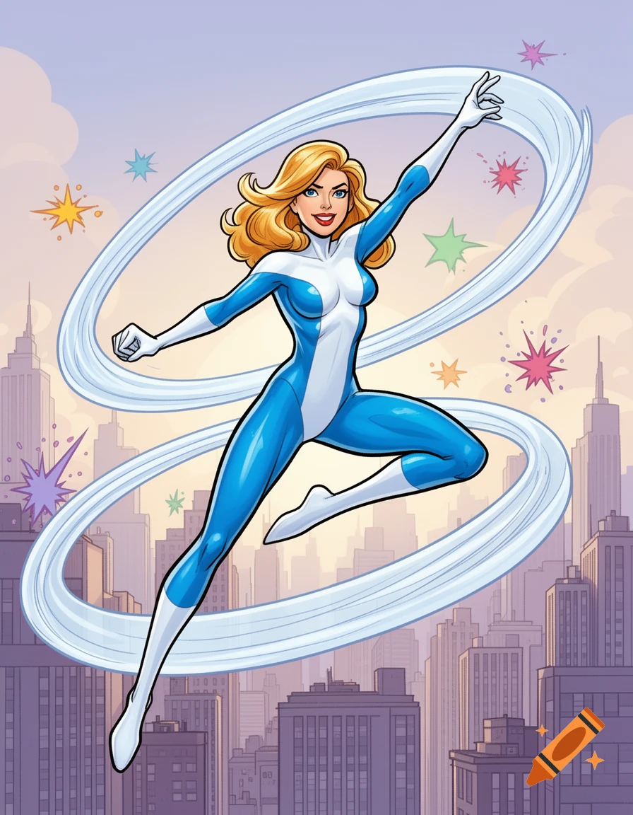 Smiling blonde superhero in blue and white bodysuit leaps over a cityscape, with white energy trails and colorful starbursts, comic style.
