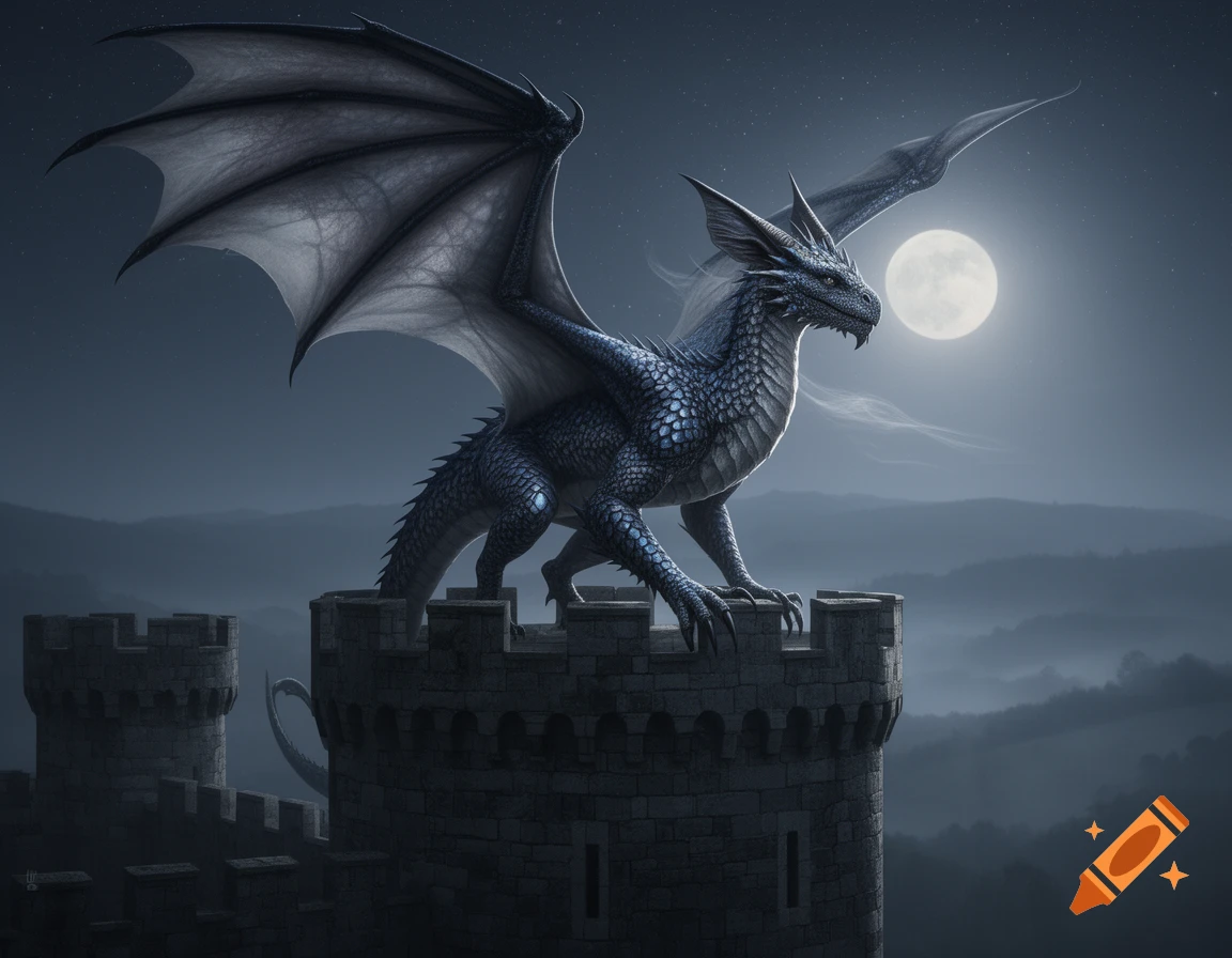 A blue-scaled dragon with large wings perches on a stone castle tower under a bright full moon at night, overlooking misty mountains.
