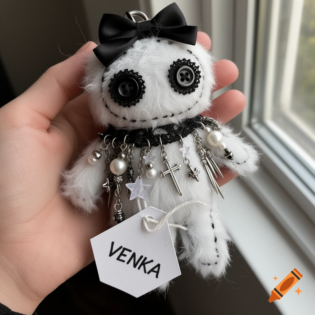 A hand holds a white fluffy gothic plushie keychain with black button eyes, a black bow, lace trim, and silver charms like crosses, pearls, and stars. A white tag on the plushie reads "VENKA".