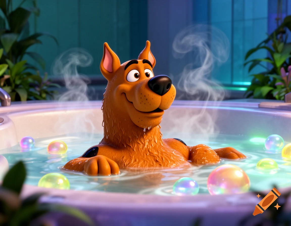 3D animated Scooby-Doo relaxing chest-deep in a hot tub surrounded by colorful bubbles.