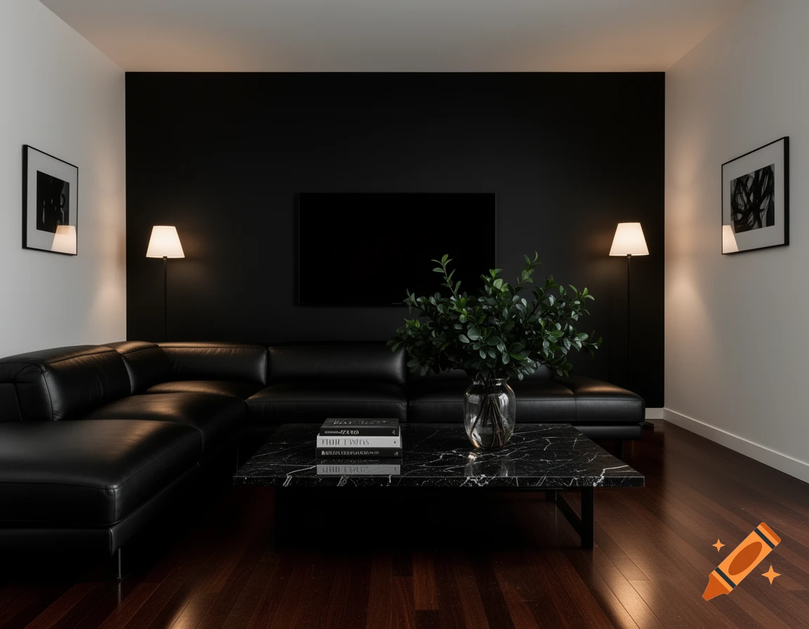 A dark and minimalist modern living room with a black leather sectional, a marble coffee table, and dark hardwood floors.