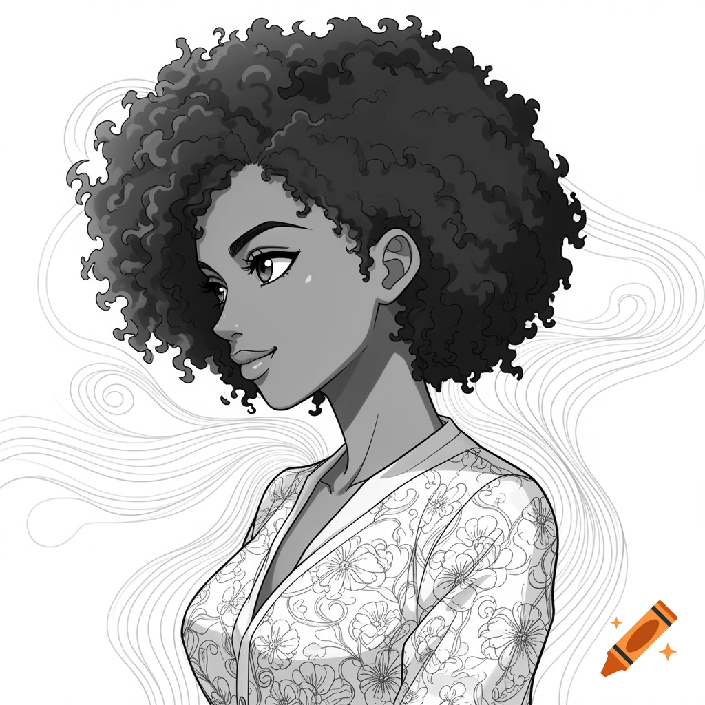 A black and white anime illustration of an African American woman with curly hair, looking left and smiling, wearing a floral top.