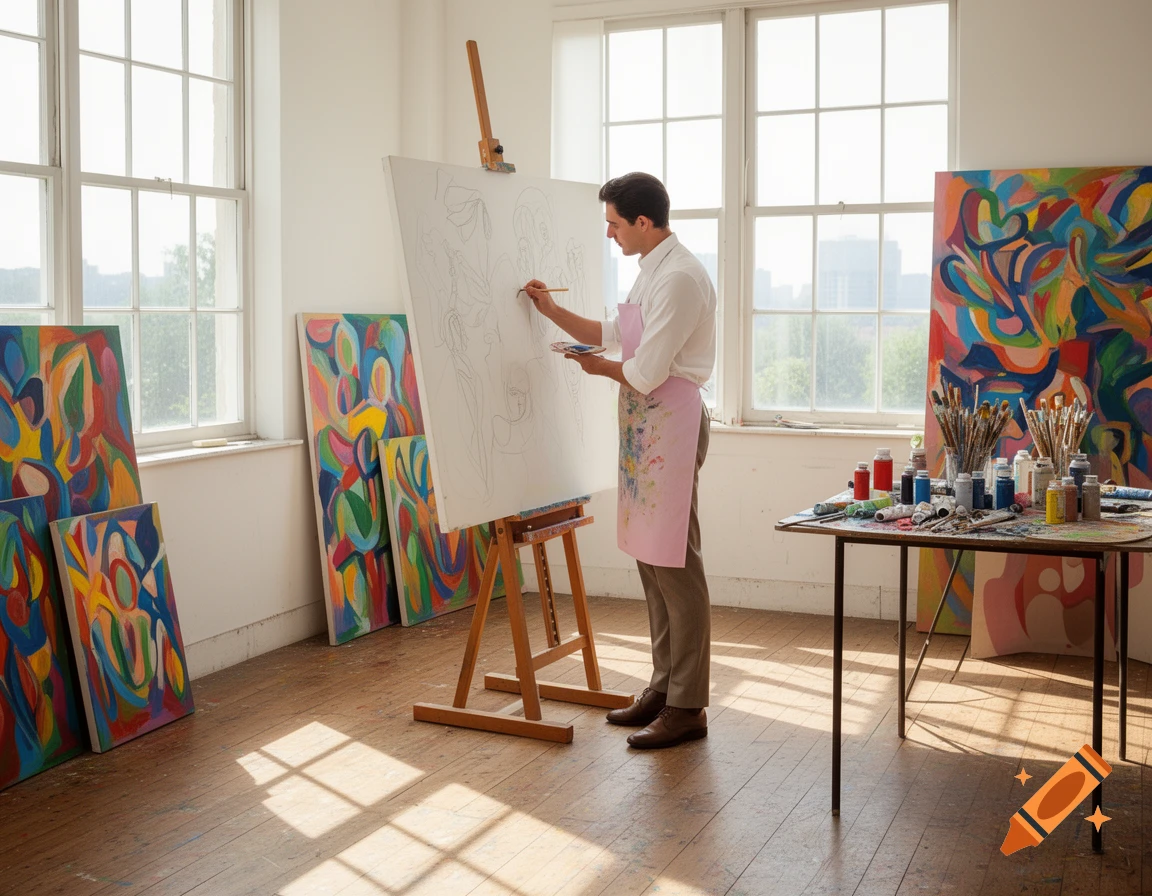 A man in a pink apron paints on an easel in a bright art studio filled with colorful abstract paintings and art supplies.
