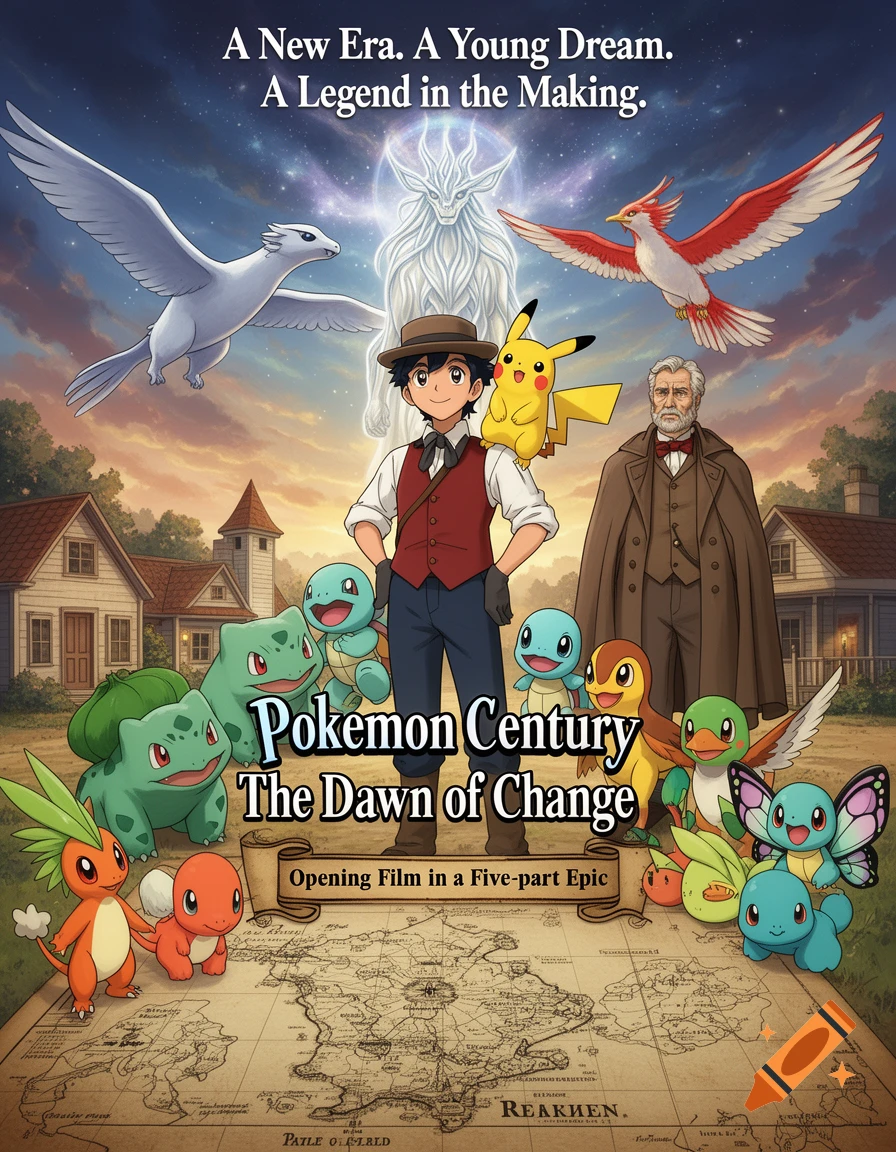 A movie poster for 'Pokemon Century: The Dawn of Change' featuring a young trainer, Pikachu, other Pokémon, and an older man over a map.