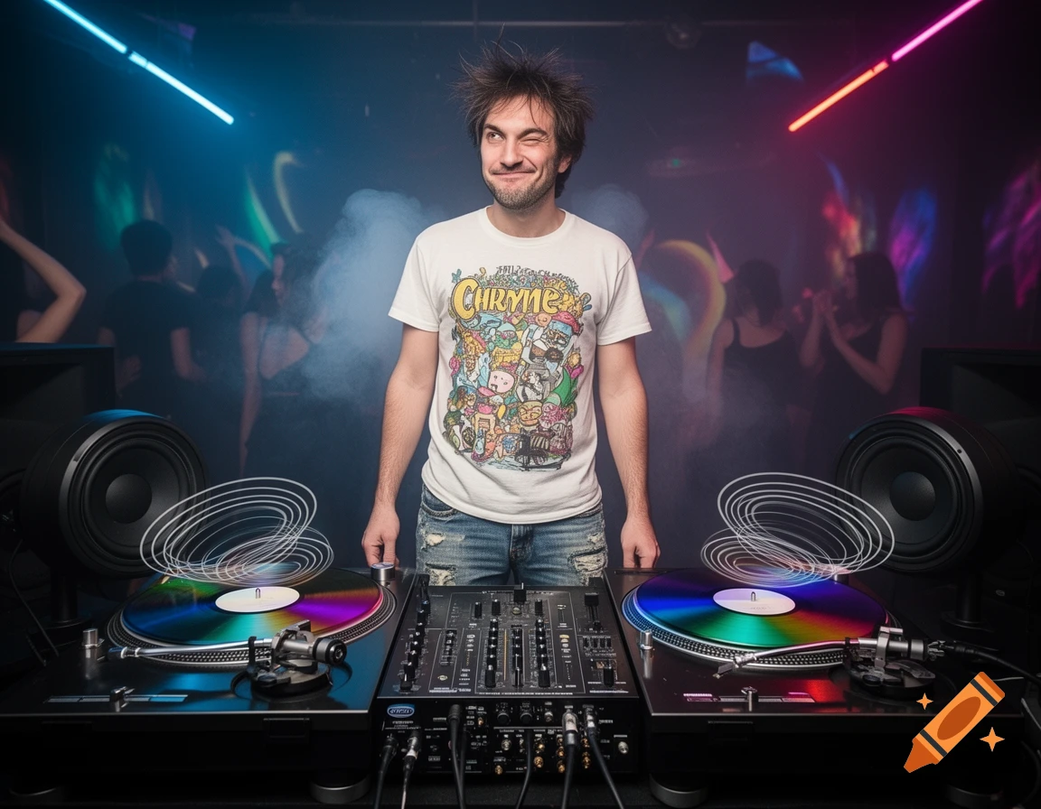 A man with messy hair winks while standing behind DJ turntables in a smoky, neon-lit club, wearing a cartoon-graphic t-shirt and ripped jeans.