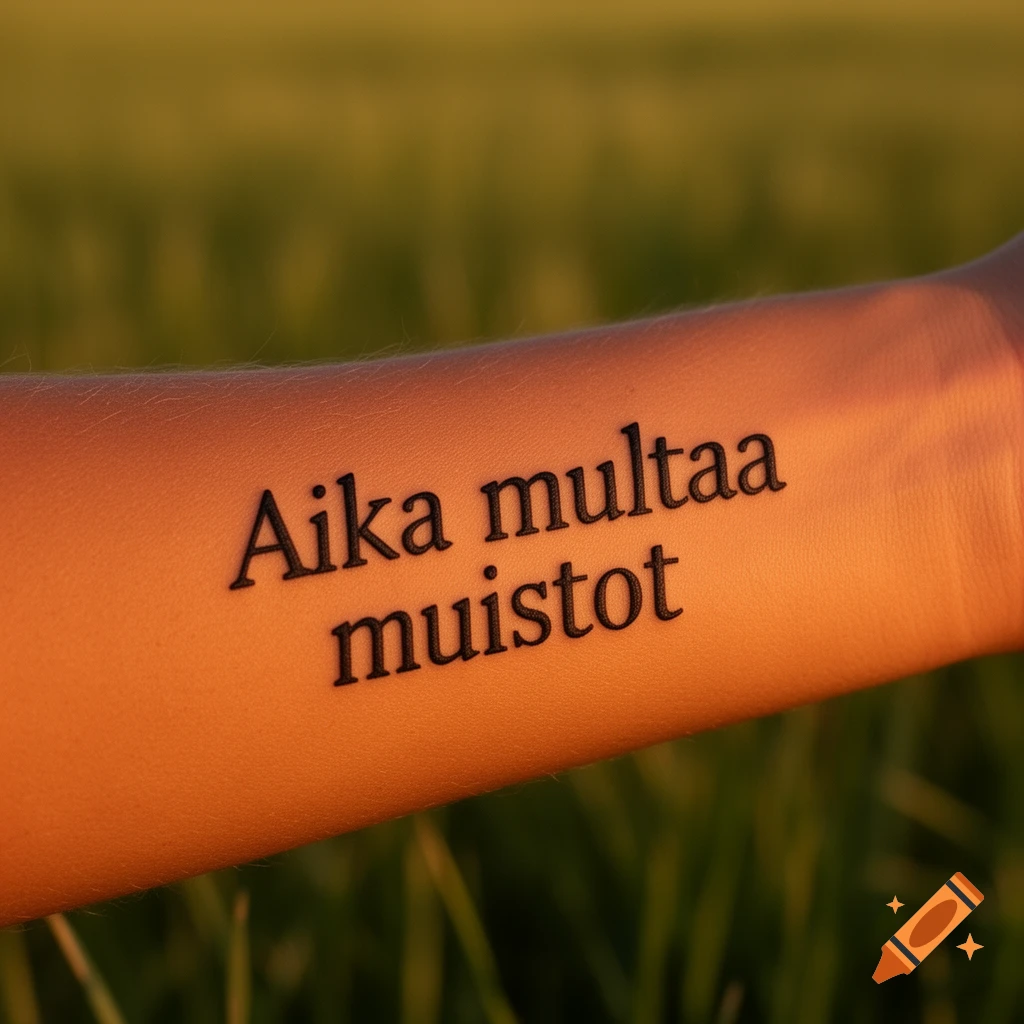 Close-up of a forearm with a black tattoo reading 'Aika multaa muistot' against a blurred green, grassy background in golden light, photorealistic.