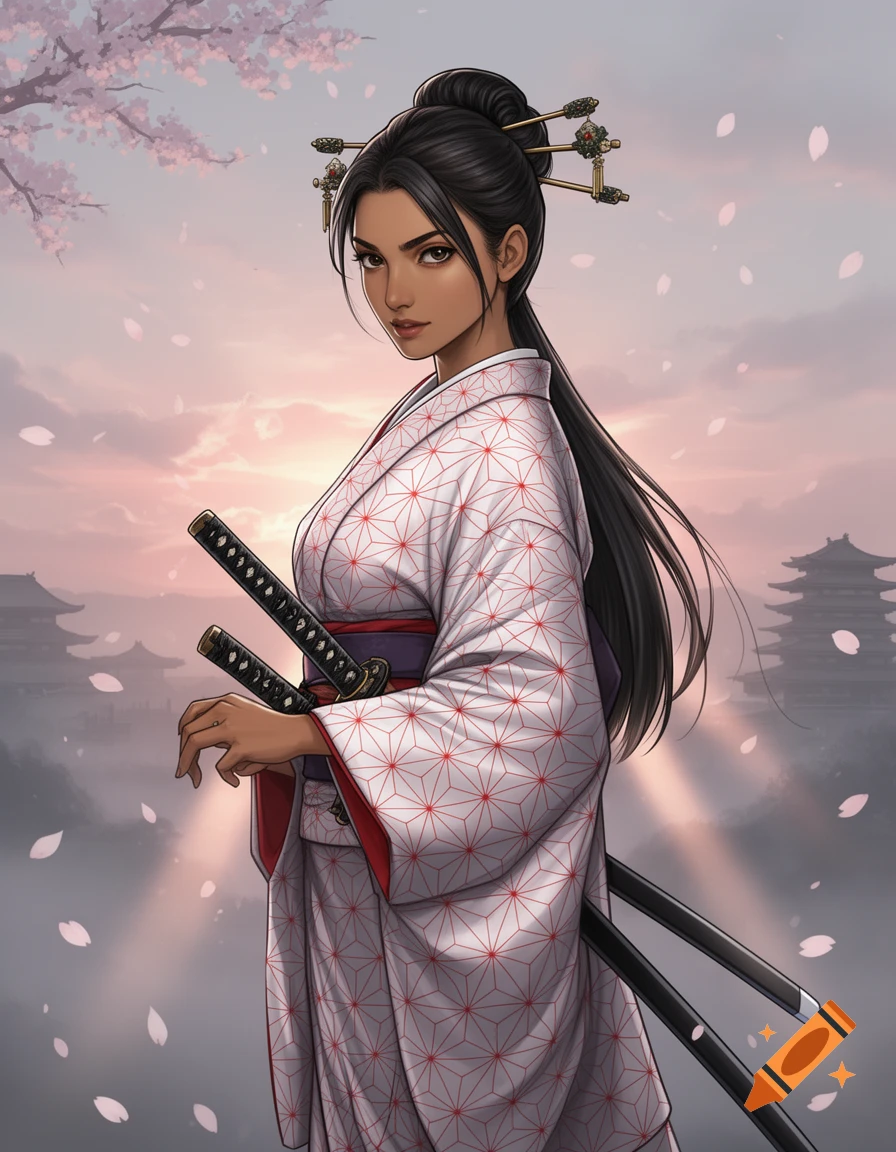 A female samurai in a white kimono with red geometric patterns, holding two katanas. She has dark hair styled with ornate pins, set against a dawn sky with cherry blossoms and Japanese pagodas.