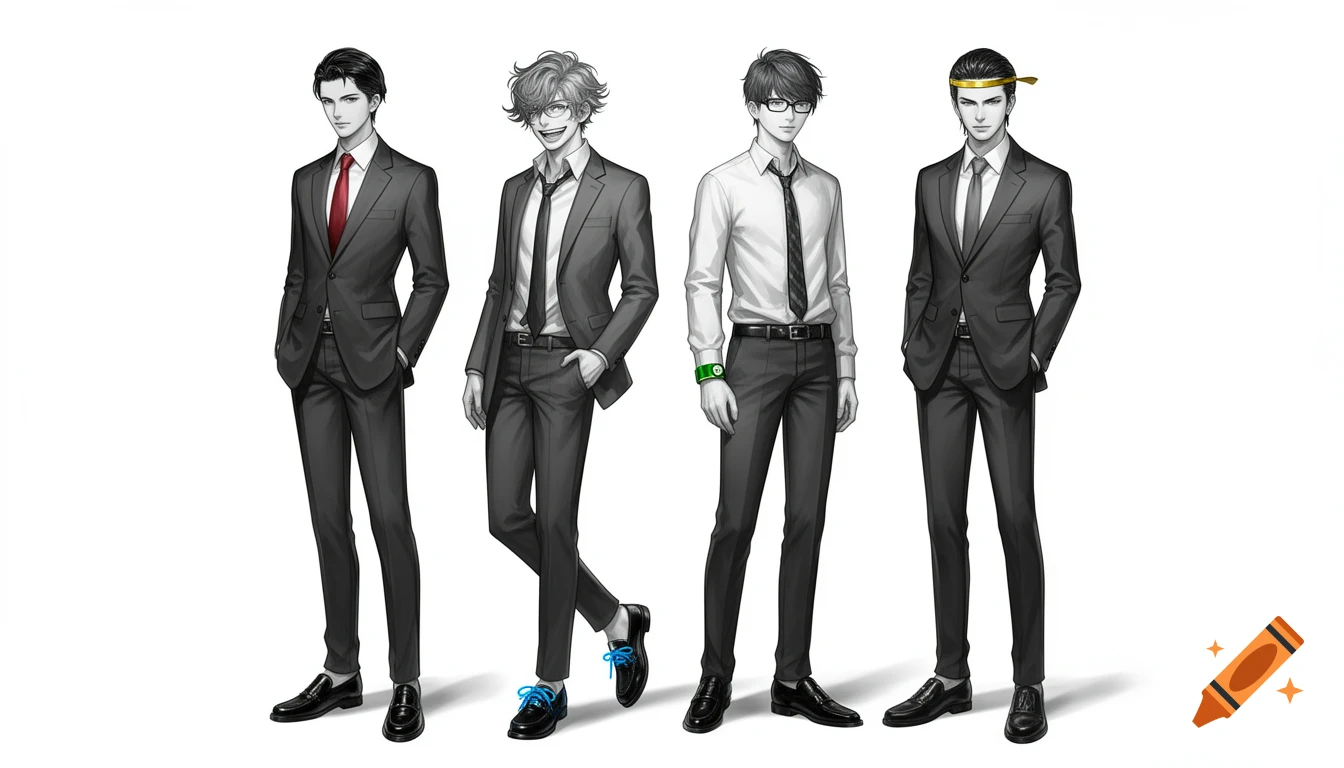 Four anime-style male characters standing in suits, with selective color accents on their clothing details.