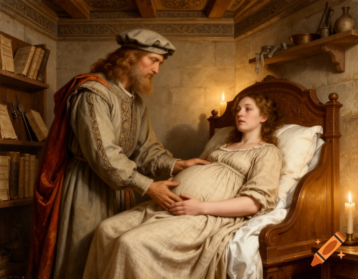 A man in Renaissance attire attends a pregnant woman lying in a candlelit bed, in the style of a classical painting.