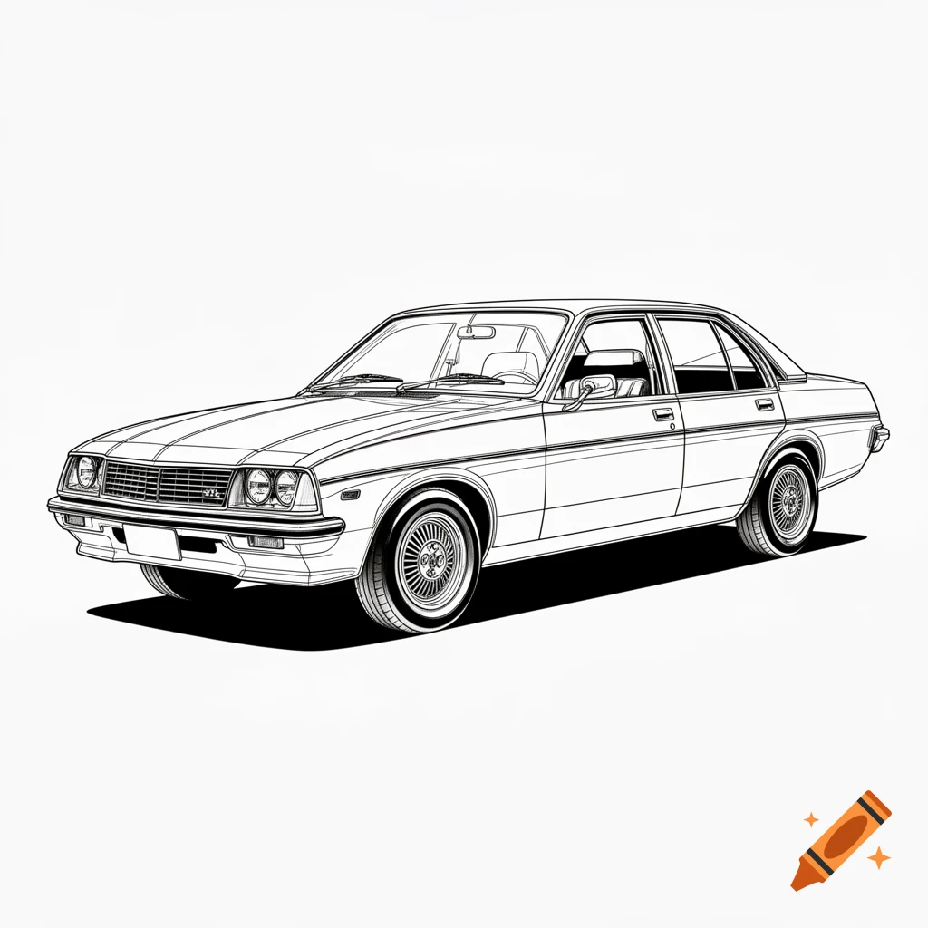 Black and white line drawing of a vintage four-door sedan viewed from a three-quarter front angle.