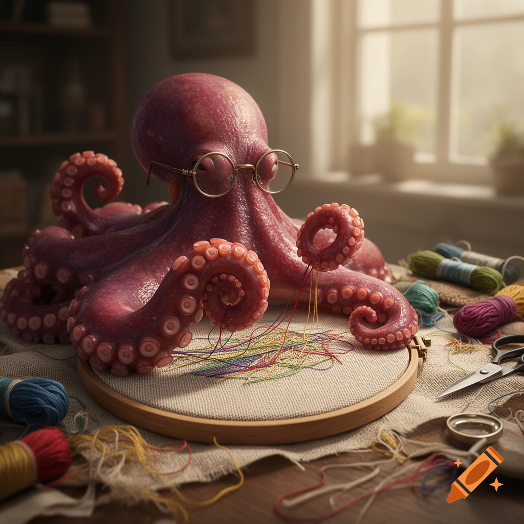 A whimsical pink octopus wearing glasses, embroidering colorful threads on a hoop, surrounded by craft supplies on a wooden table.