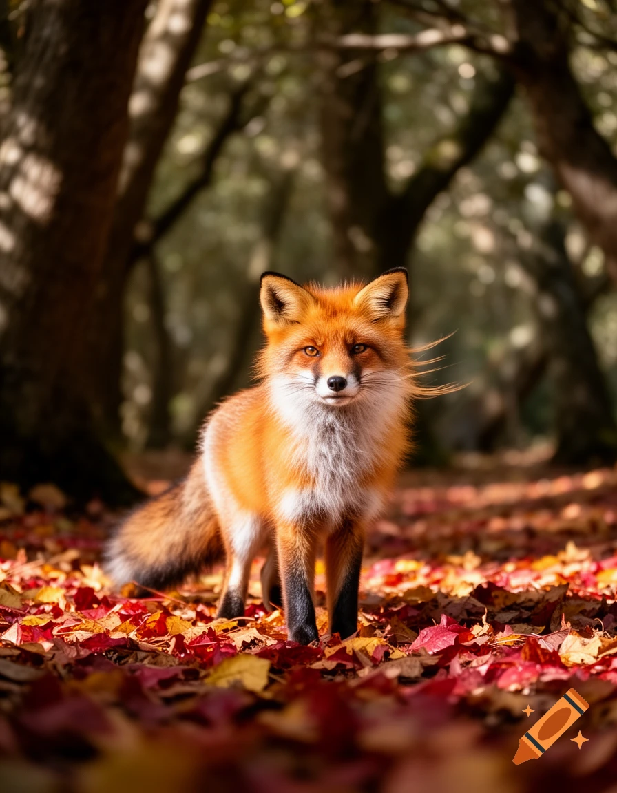 A photorealistic fox stands among red and orange autumn leaves in a sunlit forest.
