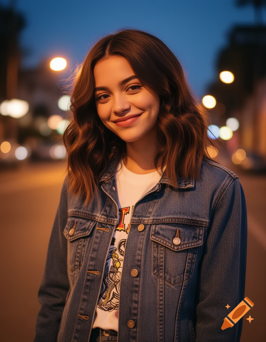 A smiling young woman with wavy brown hair wears a denim jacket and graphic t-shirt on a city street at night with blurred lights.