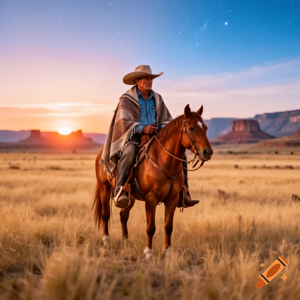A vaquero rides a horse in a golden field at sunset with mountains in the background.
