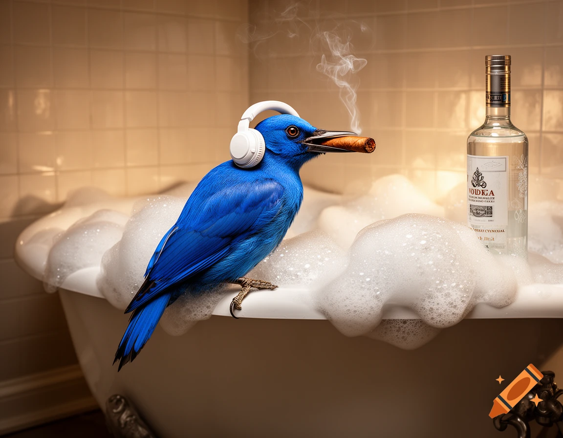 A blue bird wearing white headphones, smoking a cigar, sits on the edge of a bubble-filled bathtub next to a bottle of vodka.