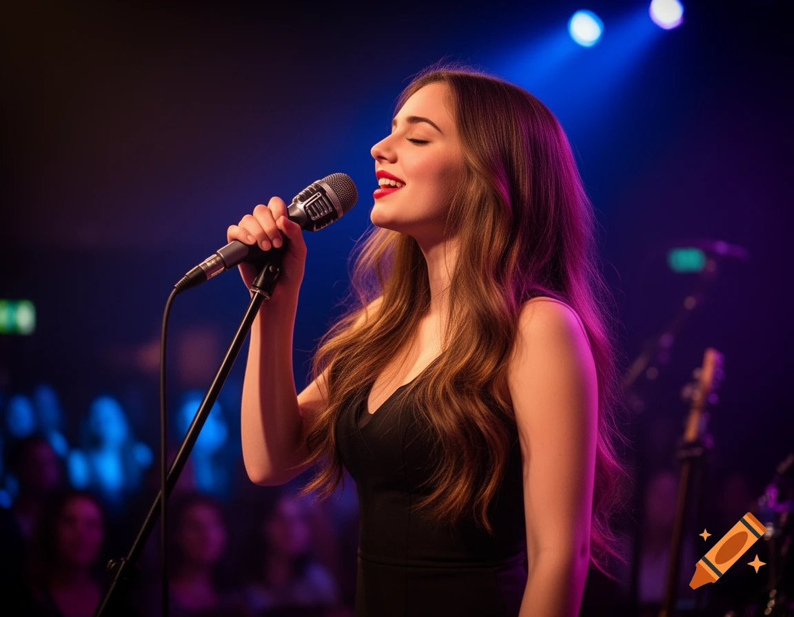 A young woman with long brown hair sings into a microphone on a stage with blue and purple lighting.
