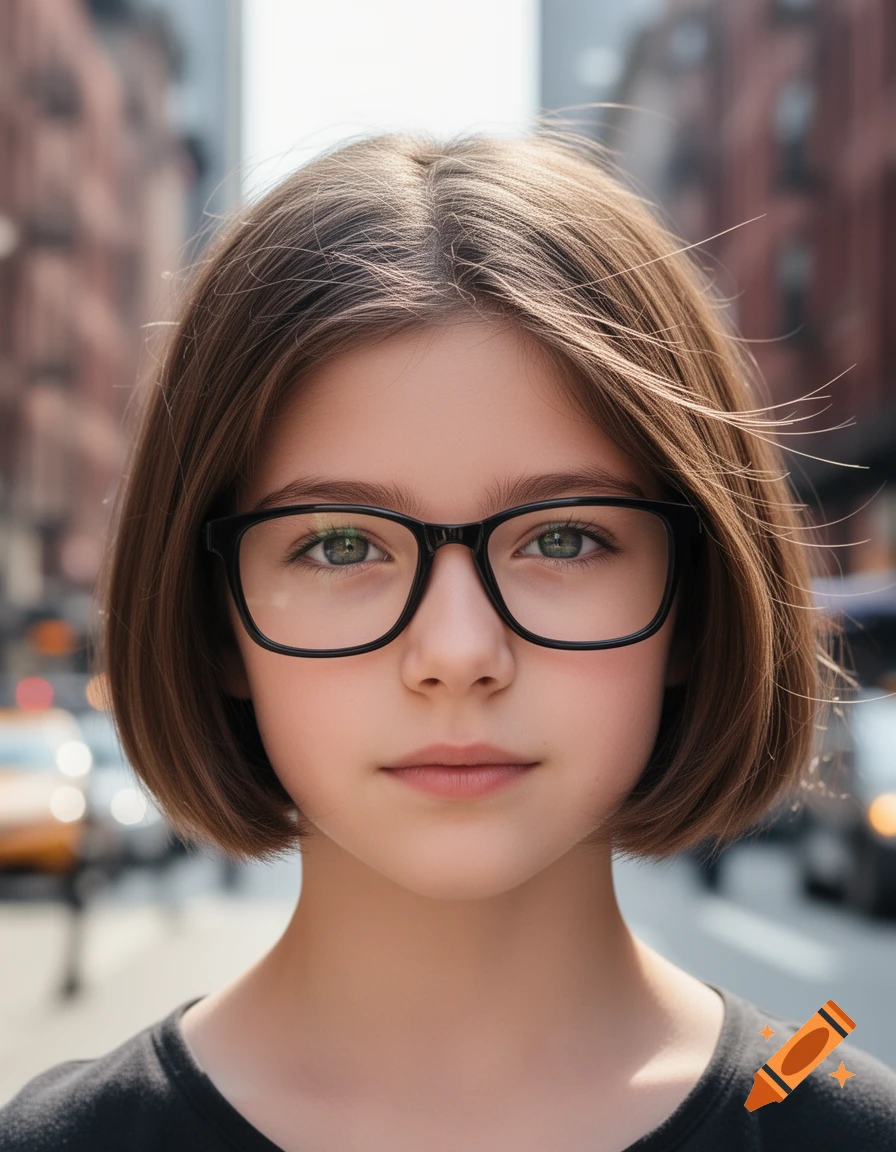 Close-up photorealistic portrait of a young girl with short brown hair and black glasses, looking directly at the viewer, with a blurred city street in the background.