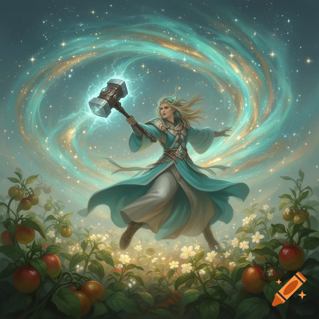 A majestic fantasy wind cleric in flowing turquoise, gold, and white robes wields a glowing hammer amidst a starlight vortex and lush plants.