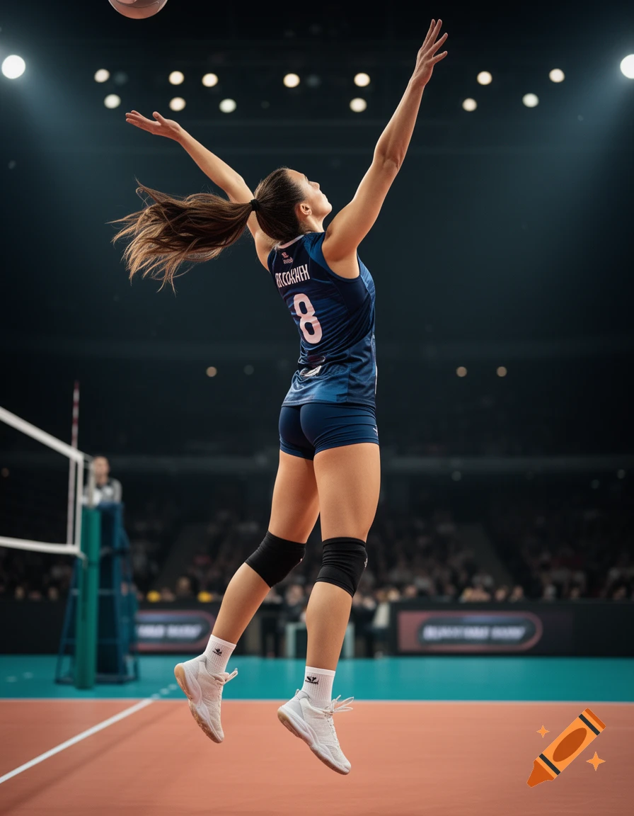 Female volleyball player jumping to spike a ball on an indoor court, viewed from a side-back angle. Photorealistic.