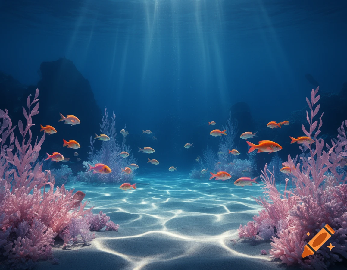 An underwater scene with bright orange fish swimming among pink coral, with light rays piercing through deep blue water and illuminating the sandy seafloor.