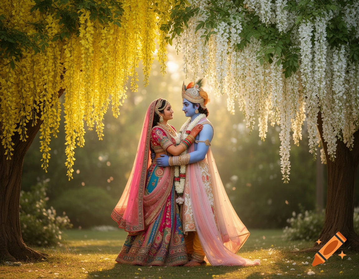 Radha and Krishna, with blue skin, hugging under yellow and white flowering trees in a sunlit garden, photorealistic.