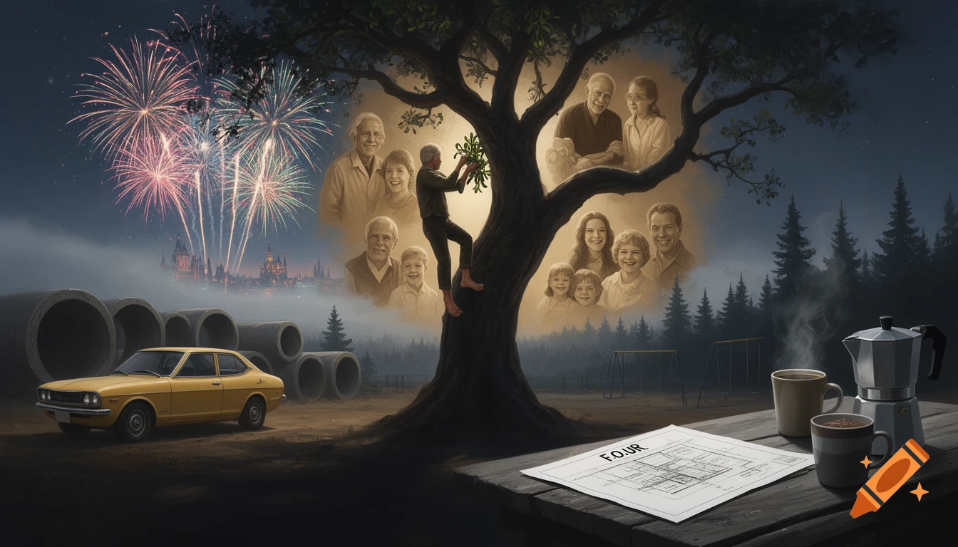 A surreal digital art piece depicting a person climbing a tree with glowing family portraits, fireworks, a yellow car, and a blueprint labeled FOUR.