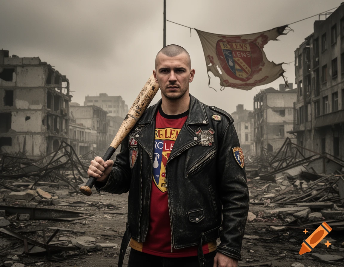 A man with a shaved head in a leather jacket holds a baseball bat over his shoulder in a destroyed, post-apocalyptic city with a tattered flag flying in the background.