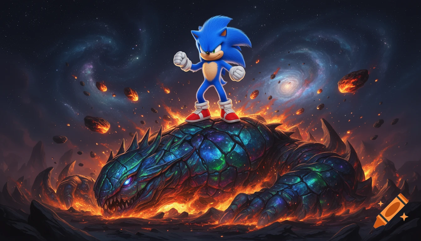 Sonic stands on a defeated space monster, surrounded by fire and meteors, against a cosmic galaxy background.