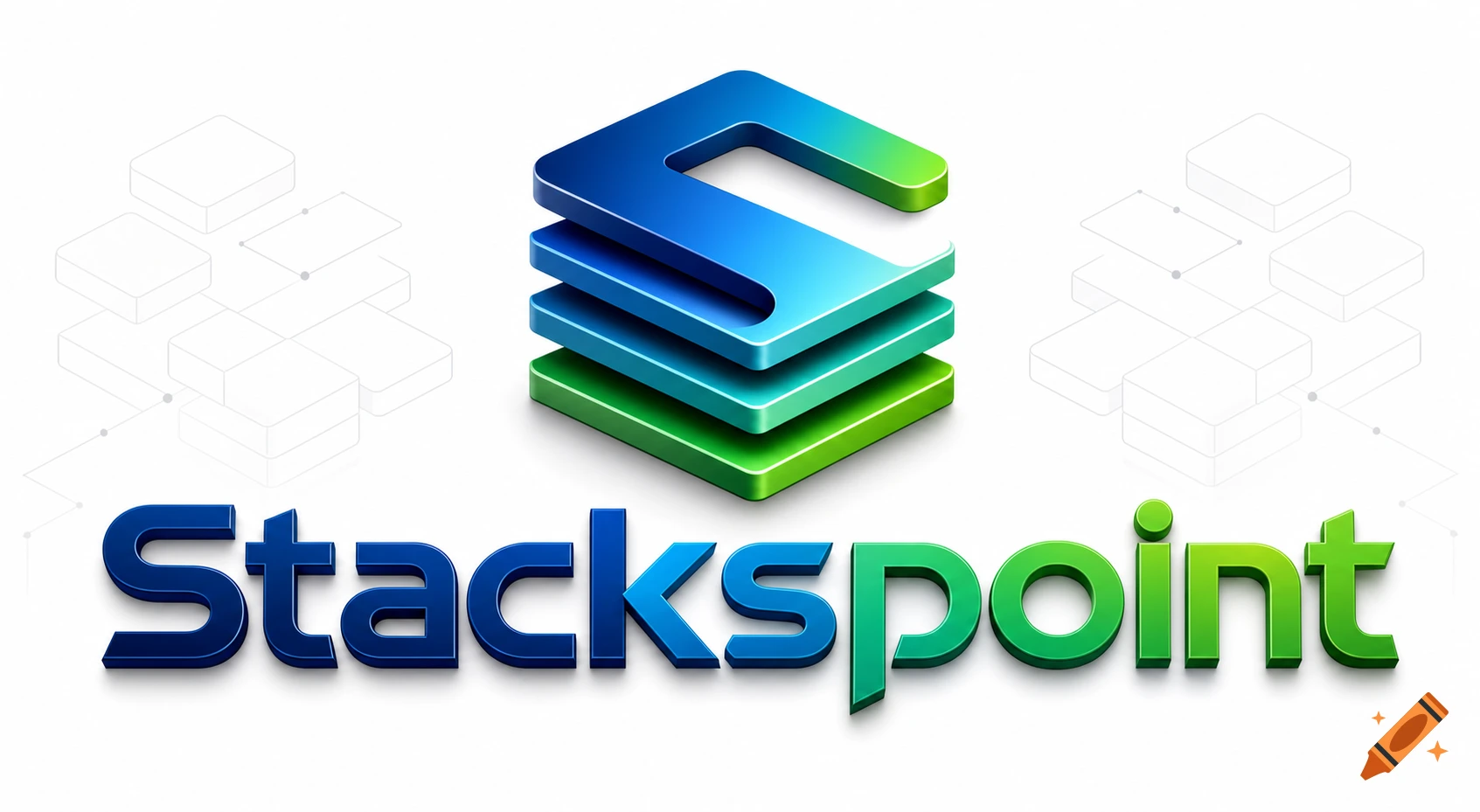 A blue and green gradient 3D logo for 'Stackspoint' with a stacked, S-shaped icon above it on a white background.