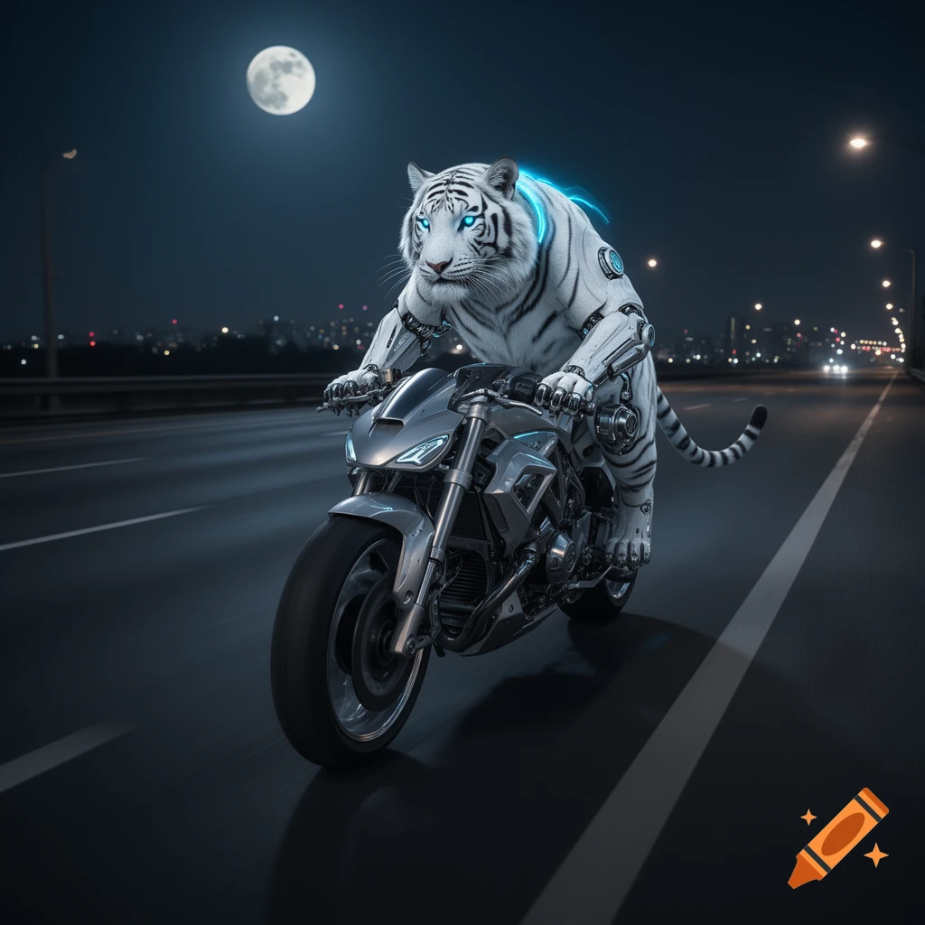 A white cybernetic tiger with glowing blue eyes and accents rides a futuristic motorcycle down a highway at night, with a full moon overhead.