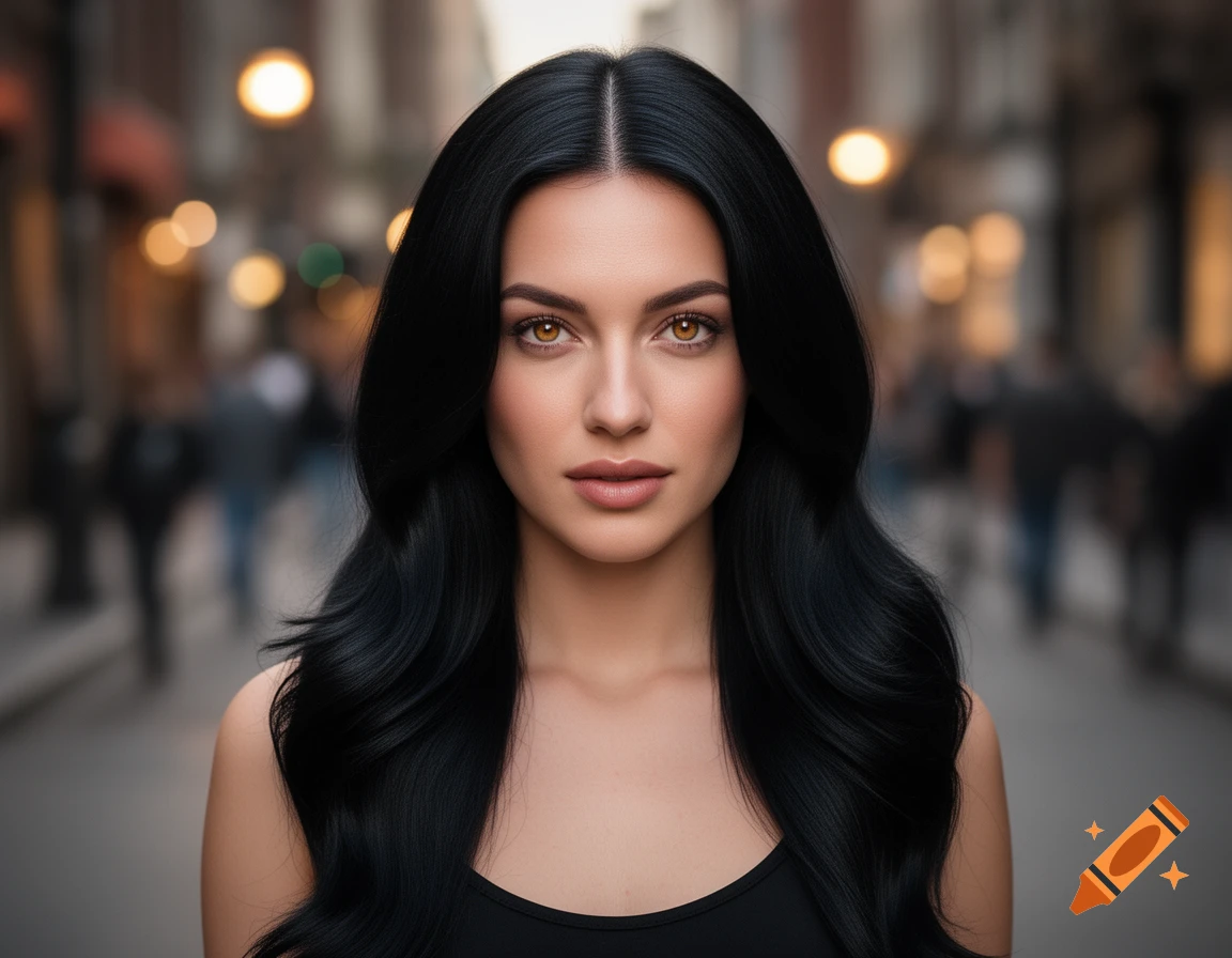Photorealistic portrait of a woman with long black hair and amber eyes, against a blurred city street.
