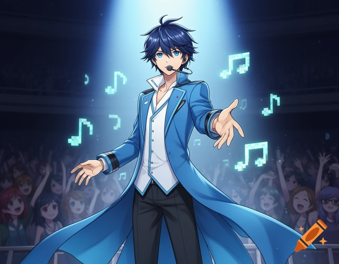 Anime male character with blue hair and a long blue coat sings on stage under a spotlight, surrounded by pixelated musical notes and a cheering audience.