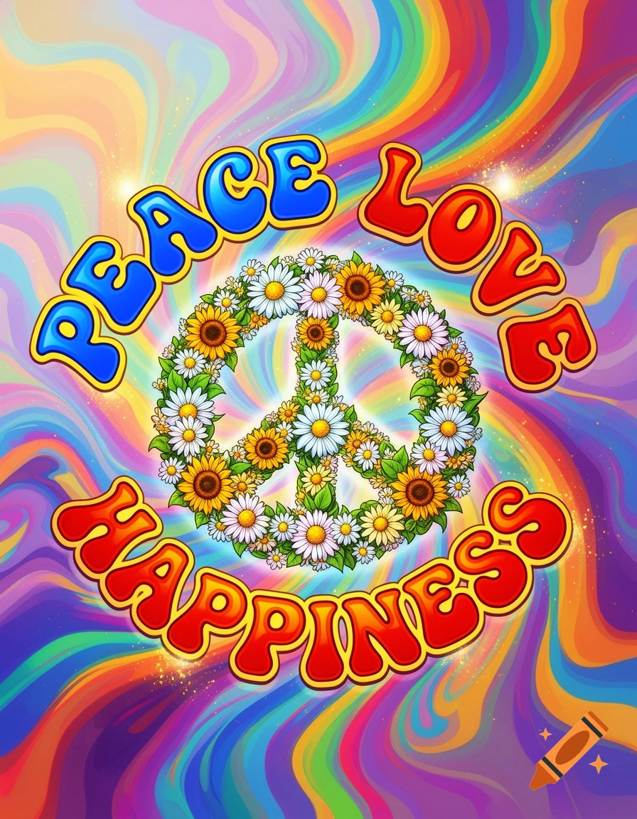 A vibrant, psychedelic poster with a peace sign made of sunflowers and daisies, surrounded by the words 'PEACE LOVE HAPPINESS' on a colorful swirling background.
