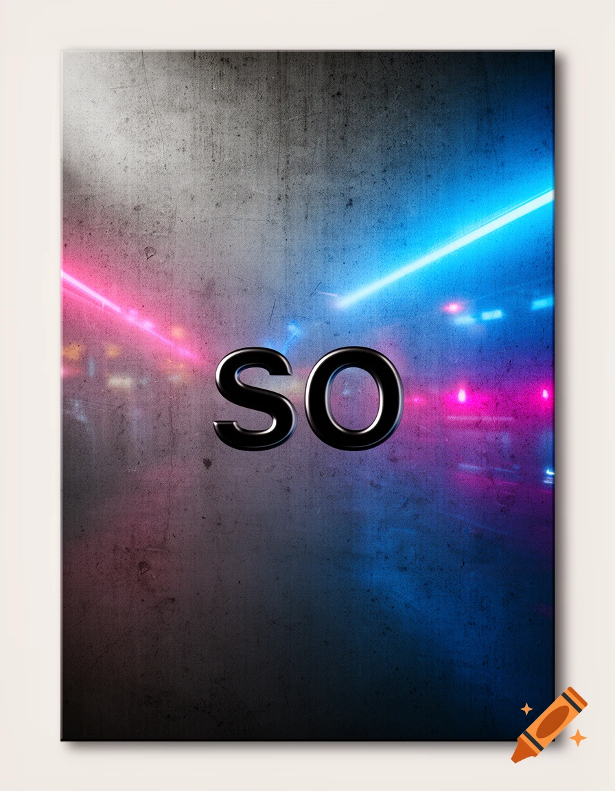 A grungy poster with the word 'SO' in metallic black letters, set against a background of blurred pink and blue lights.
