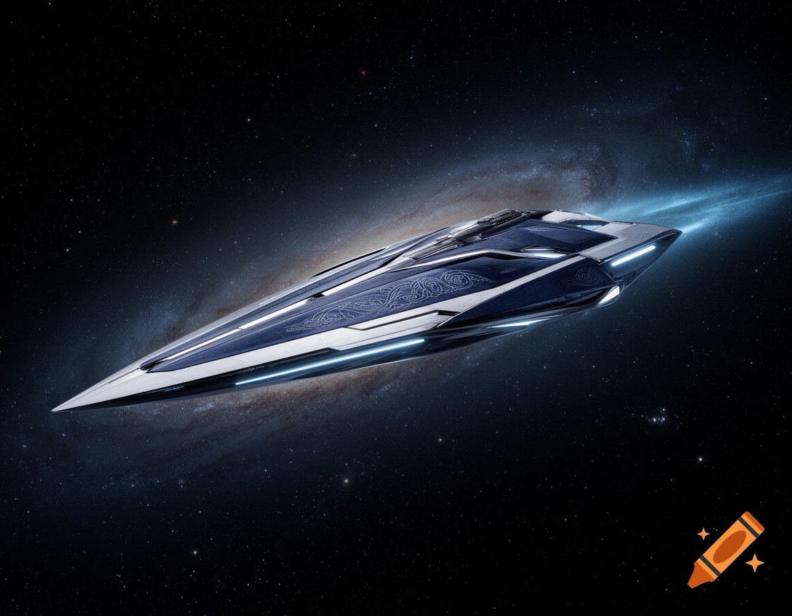 A sharp, detailed blue and silver sci-fi spaceship with glowing blue thrusters flies through space with a distant galaxy.