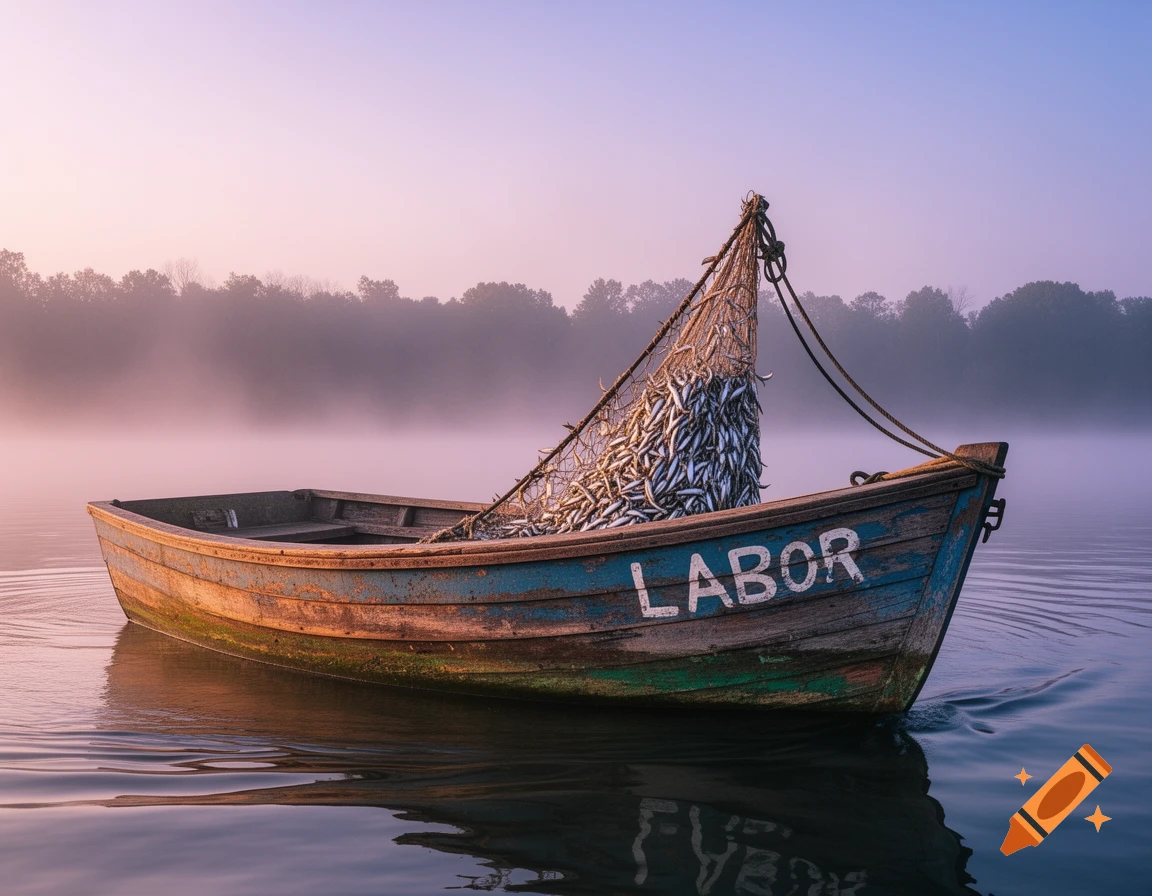 A rustic fishing boat named 'LABOR' with a net full of fish floats on misty water at sunrise.
