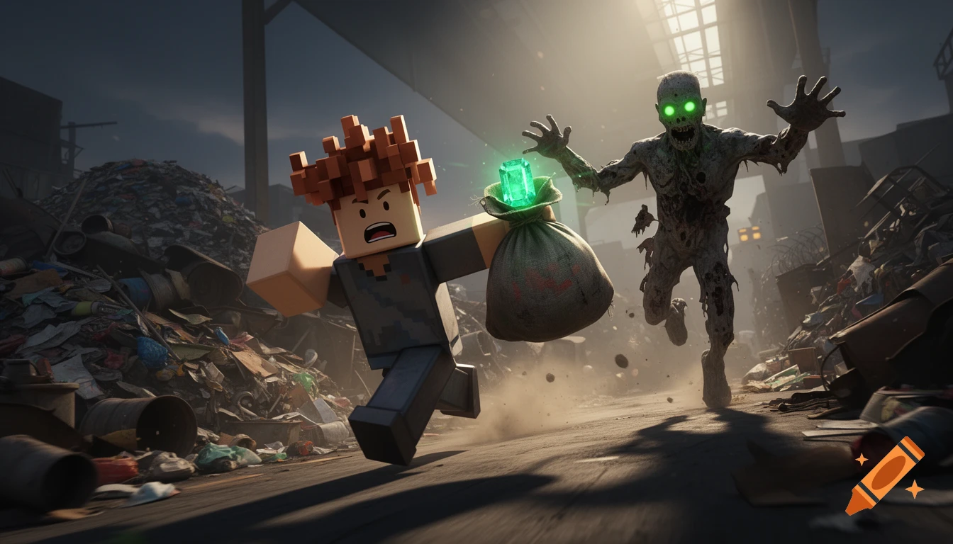 A Roblox "Bacon Hair" character runs through a junkyard, clutching a bag with a glowing emerald, while being chased by a zombie. Digital art.