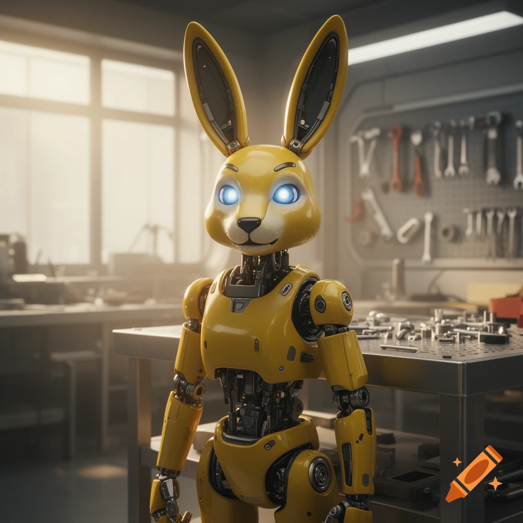 A bright yellow animatronic rabbit robot with glowing blue eyes stands in a detailed workshop.