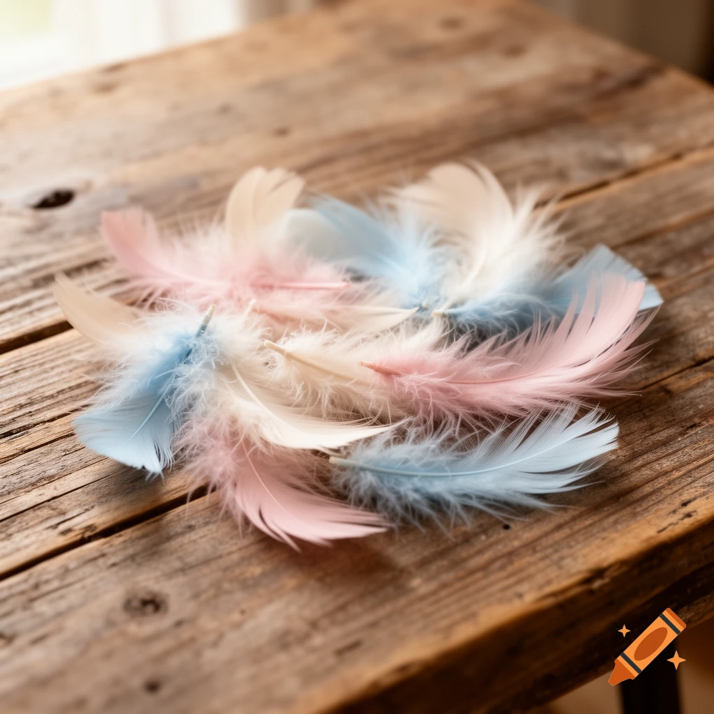 Soft pink, blue, and white feathers scattered on a rustic wooden table.