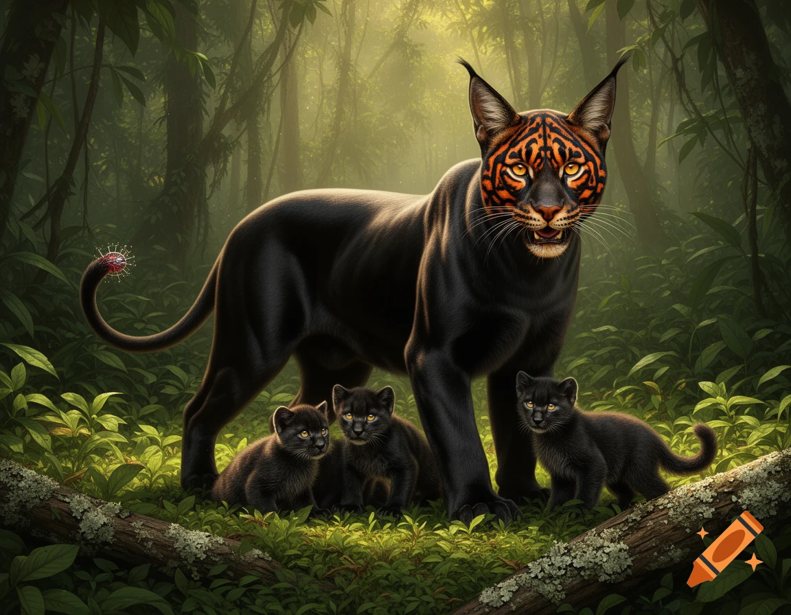 A black panther-like creature with orange tiger stripes on its face and lynx ears stands in a lush jungle with three small black cubs, a red spiky gland on its tail.