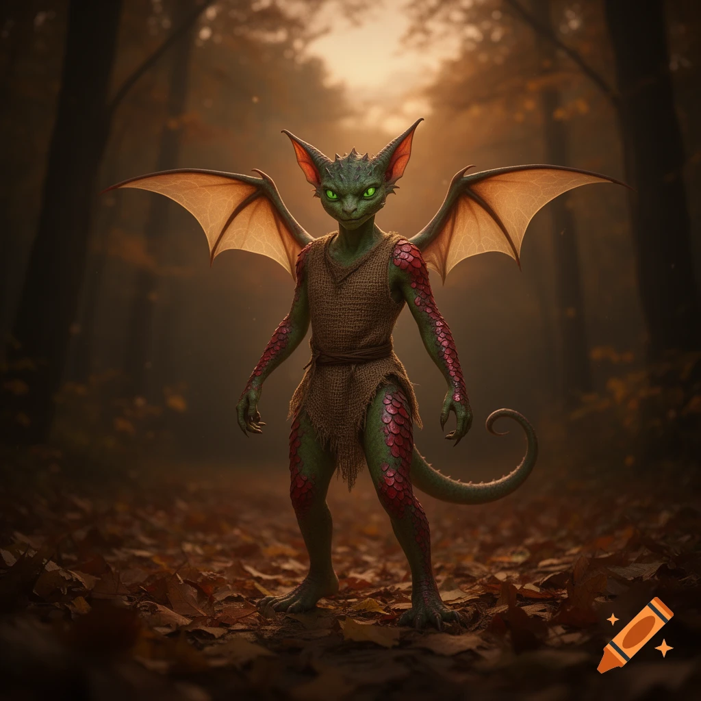 A green-skinned, red-scaled winged creature with glowing green eyes stands in an autumn forest.