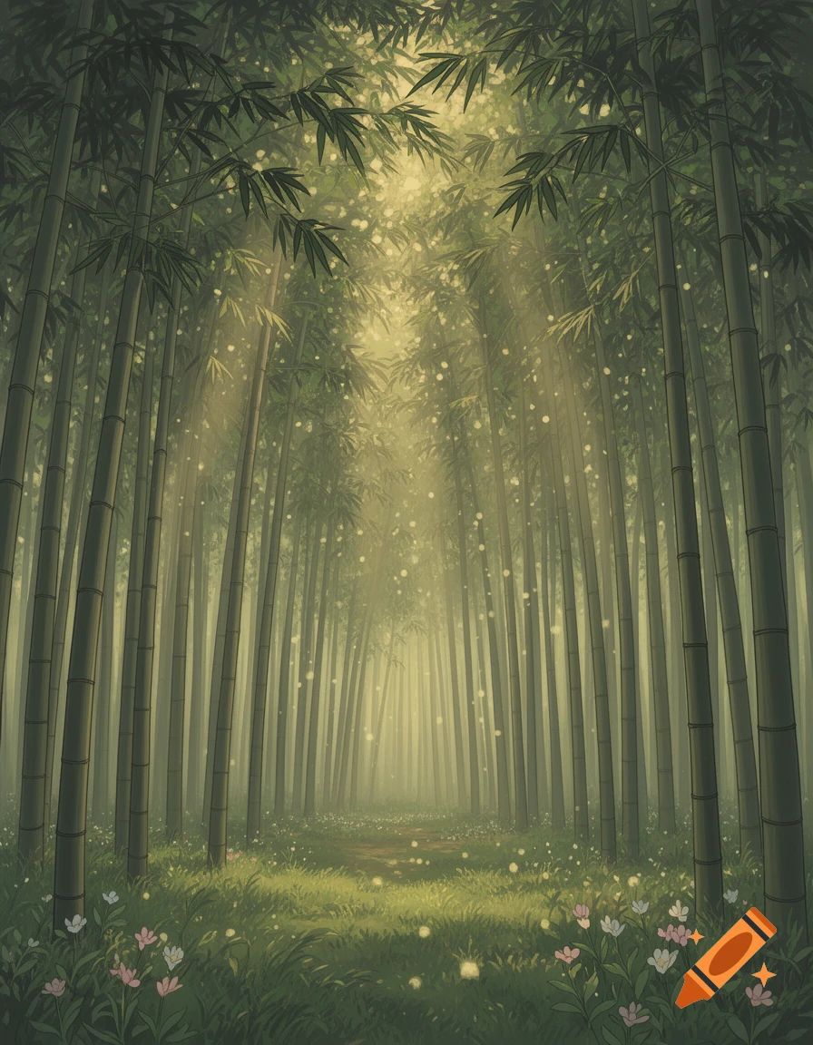 Sunlit path through a lush bamboo forest with light rays, green grass, and small pink and white flowers, in a Ghibli illustration style.