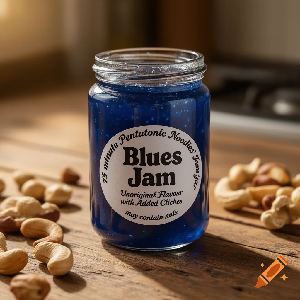 A glass jar of blue 'Blues Jam' with a white label and cashews on a wooden table.